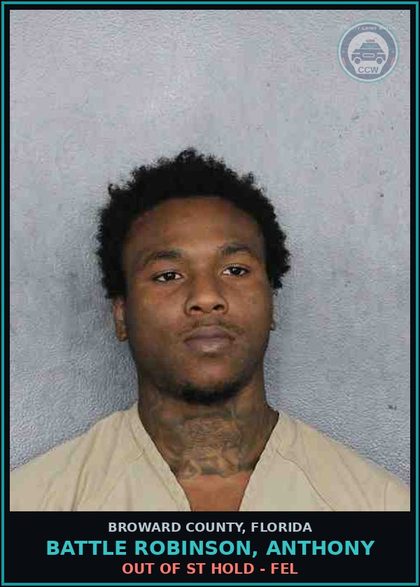 CCW arrest card for BATTLE ROBINSON, ANTHONY in Broward County: OUT OF ST HOLD - FEL