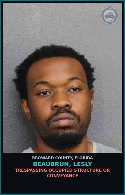 CCW arrest card for BEAUBRUN, LESLY in Broward County: TRESPASSING OCCUPIED STRUCTURE OR CONVEYANCE