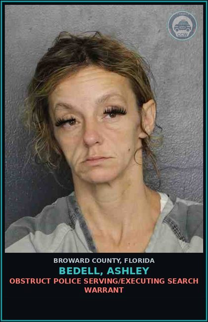CCW arrest card for BEDELL, ASHLEY in Broward County: OBSTRUCT POLICE  SERVING/EXECUTING SEARCH WARRANT