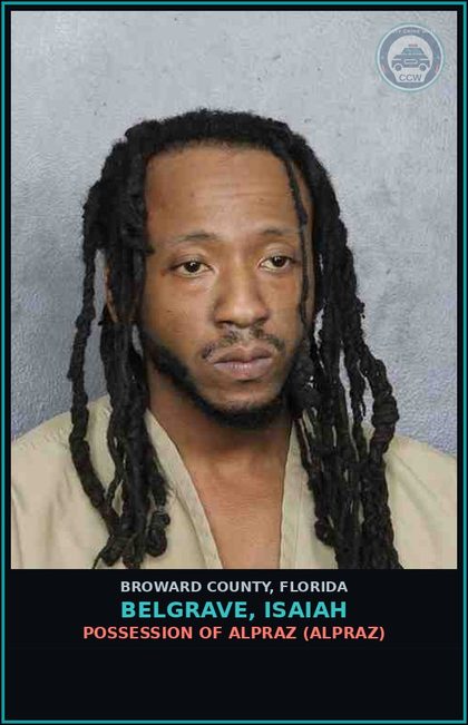 CCW arrest card for BELGRAVE, ISAIAH in Broward County: POSSESSION OF ALPRAZ (XANAX)