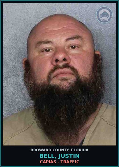 CCW arrest card for BELL, JUSTIN in Broward County: CAPIAS - TRAFFIC