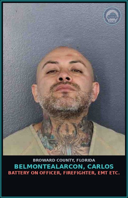 CCW arrest card for BELMONTEALARCON, CARLOS in Broward County: BATTERY ON OFFICER, FIREFIGHTER, EMT ETC.