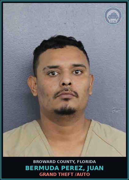 CCW arrest card for BERMUDA PEREZ, JUAN in Broward County: GRAND THEFT /AUTO