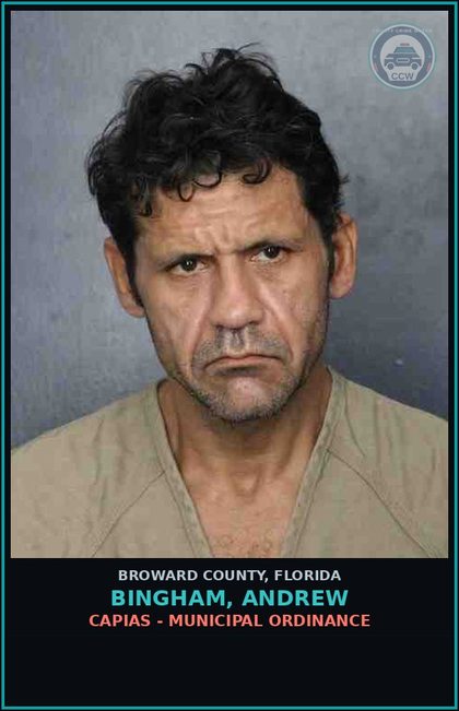 CCW arrest card for BINGHAM, ANDREW in Broward County: CAPIAS - MUNICIPAL ORDINANCE