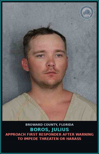CCW arrest card for BOROS, JULIUS in Broward County: APPROACH FIRST RESPONDER AFTER WARNING TO IMPEDE THREATEN OR HARASS