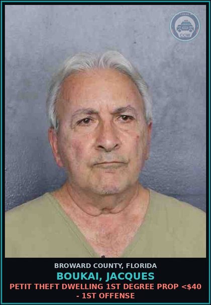 CCW arrest card for BOUKAI, JACQUES in Broward County: PETIT THEFT DWELLING 1ST DEGREE PROP <$40 - 1ST OFFENSE