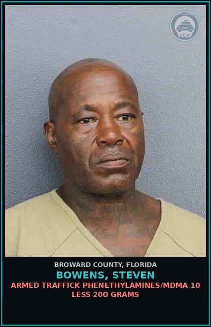 CCW arrest card for BOWENS, STEVEN in Broward County: ARMED TRAFFICK PHENETHYLAMINES/MDMA 10 LESS 200 GRAMS