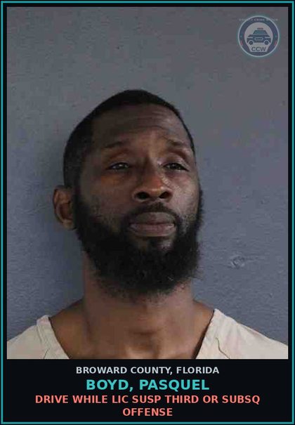 CCW arrest card for BOYD, PASQUEL in Broward County: DRIVE WHILE LIC SUSP THIRD OR SUBSQ OFFENSE