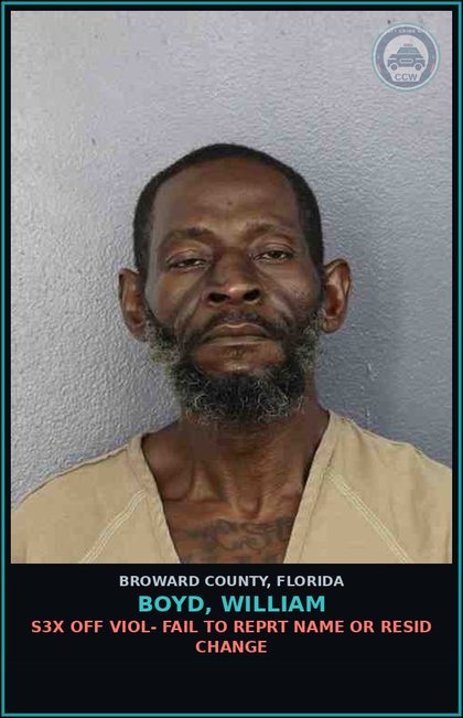CCW arrest card for BOYD, WILLIAM in Broward County: s3x OFF VIOL- FAIL TO REPRT NAME OR RESID CHANGE