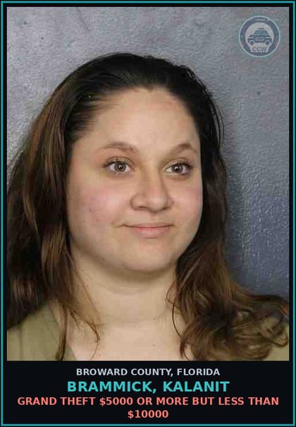 CCW arrest card for BRAMMICK, KALANIT in Broward County: GRAND THEFT $5000 OR MORE BUT LESS THAN $10000