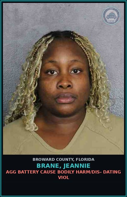 CCW arrest card for BRANE, JEANNIE in Broward County: AGG BATTERY CAUSE BODILY HARM/DIS- DATING VIOL