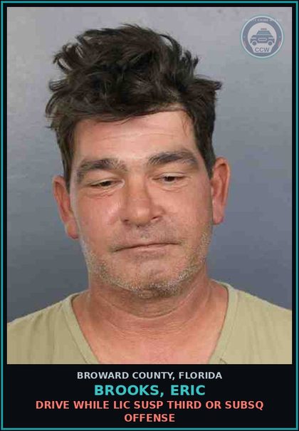 CCW arrest card for BROOKS, ERIC in Broward County: DRIVE WHILE LIC SUSP THIRD OR SUBSQ OFFENSE