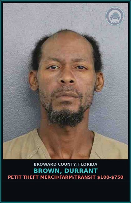 CCW arrest card for BROWN, DURRANT in Broward County: PETIT THEFT MERCH/FARM/TRANSIT $100-$750