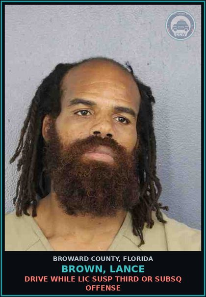 CCW arrest card for BROWN, LANCE in Broward County: DRIVE WHILE LIC SUSP THIRD OR SUBSQ OFFENSE