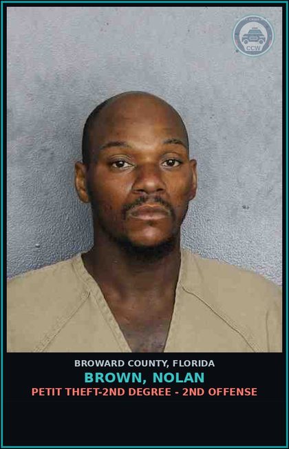 CCW arrest card for BROWN, NOLAN in Broward County: PETIT THEFT-2ND DEGREE - 2ND OFFENSE