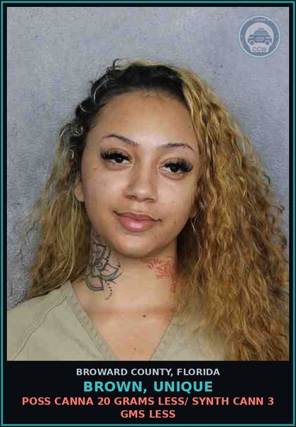 CCW arrest card for BROWN, UNIQUE in Broward County: POSS Canna 20 GRAMS LESS/ SYNTH CANN 3 GMS LESS