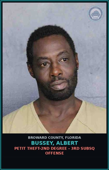 CCW arrest card for BUSSEY, ALBERT in Broward County: PETIT THEFT-2ND DEGREE - 3RD SUBSQ OFFENSE