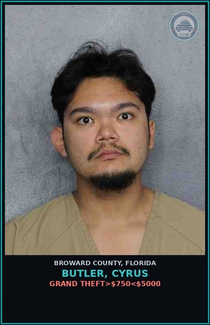 CCW arrest card for BUTLER, CYRUS in Broward County: GRAND THEFT>$750<$5000
