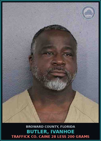 CCW arrest card for BUTLER, IVANHOE in Broward County: TRAFFICK COCAINE 28 LESS 200 GRAMS