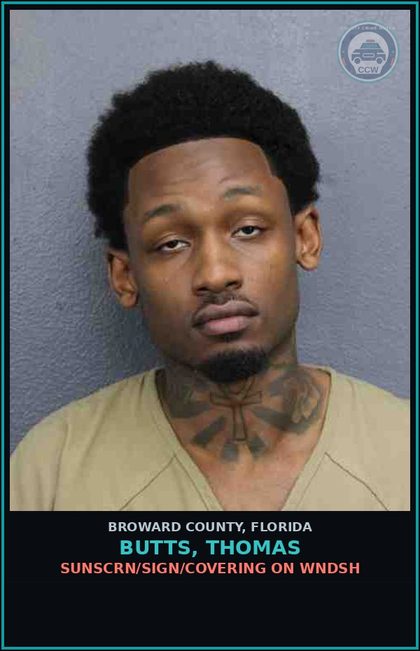 CCW arrest card for BUTTS, THOMAS in Broward County: SUNSCRN/SIGN/COVERING ON WNDSH