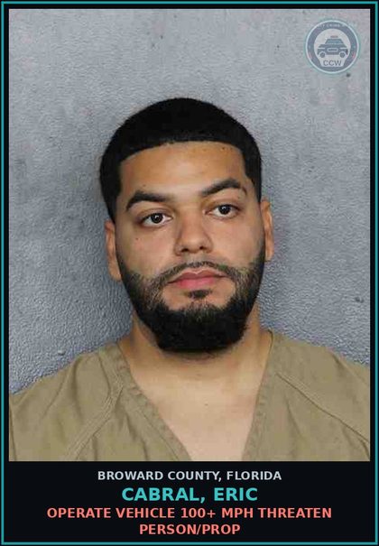 CCW arrest card for CABRAL, ERIC in Broward County: OPERATE VEHICLE 100+ MPH THREATEN PERSON/PROP