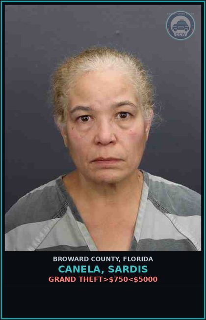 CCW arrest card for CANELA, SARDIS in Broward County: GRAND THEFT>$750<$5000