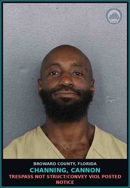 CCW arrest card for CHANNING, CANNON in Broward County: TRESPASS NOT STRUCT/CONVEY VIOL POSTED NOTICE