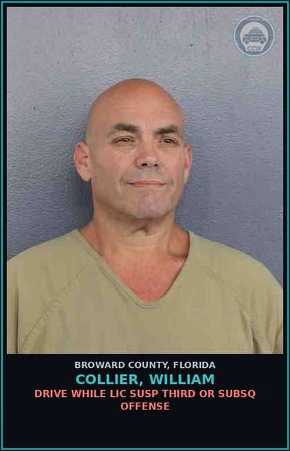 CCW arrest card for COLLIER, WILLIAM in Broward County: DRIVE WHILE LIC SUSP THIRD OR SUBSQ OFFENSE