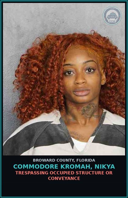 CCW arrest card for COMMODORE KROMAH, NIKYA in Broward County: TRESPASSING OCCUPIED STRUCTURE OR CONVEYANCE