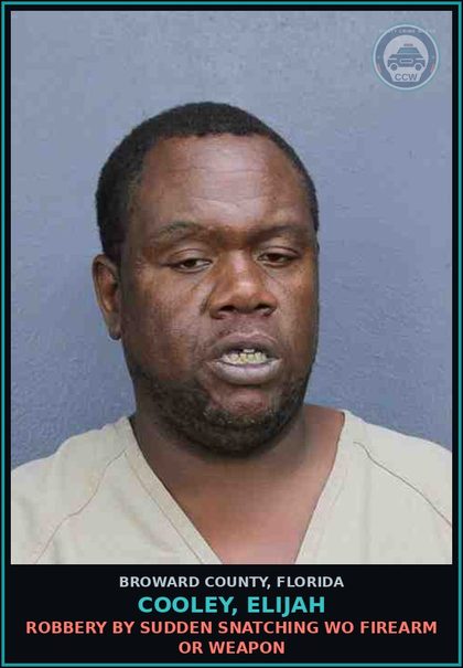 CCW arrest card for COOLEY, ELIJAH in Broward County: ROBBERY BY SUDDEN SNATCHING WO FIREARM OR WEAPON