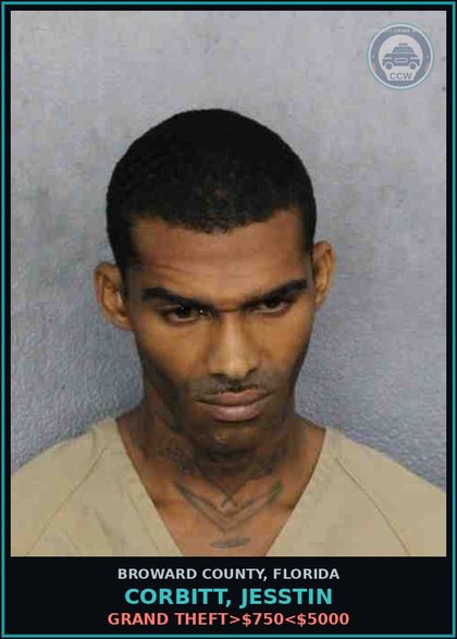 CCW arrest card for CORBITT, JESSTIN in Broward County: GRAND THEFT>$750<$5000