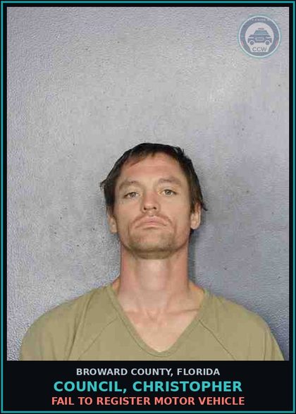 CCW arrest card for COUNCIL, CHRISTOPHER in Broward County: FAIL TO REGISTER MOTOR VEHICLE