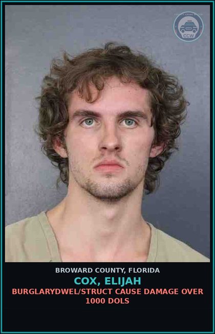 CCW arrest card for COX, ELIJAH in Broward County: BURGLARYDWEL/STRUCT CAUSE DAMAGE OVER 1000 DOLS