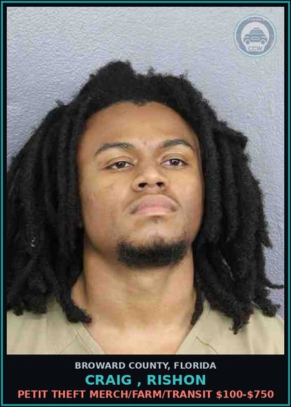 CCW arrest card for CRAIG , RISHON in Broward County: PETIT THEFT MERCH/FARM/TRANSIT $100-$750