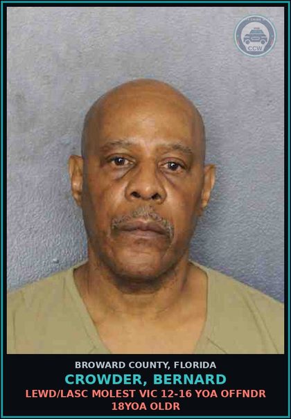 CCW arrest card for CROWDER, BERNARD in Broward County: LEWD/LASC MOLEST VIC 12-16 YOA OFFNDR 18YOA OLDR