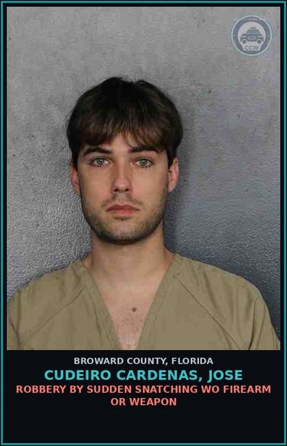 CCW arrest card for CUDEIRO CARDENAS, JOSE in Broward County: ROBBERY BY SUDDEN SNATCHING WO FIREARM OR WEAPON