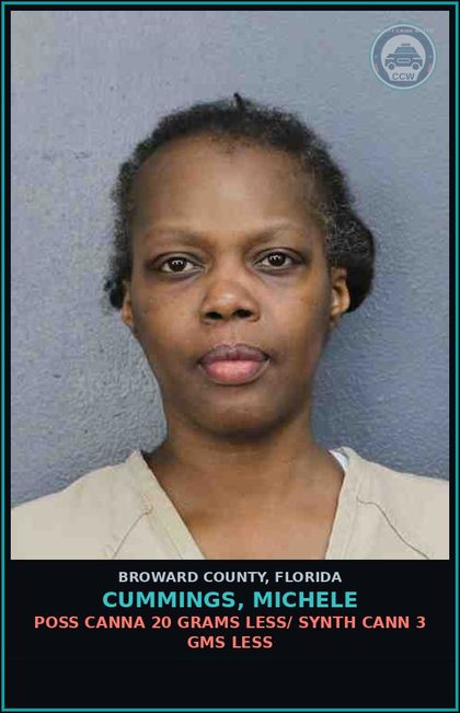 CCW arrest card for CUMMINGS, MICHELE in Broward County: POSS Canna 20 GRAMS LESS/ SYNTH CANN 3 GMS LESS