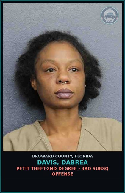 CCW arrest card for DAVIS, DABREA in Broward County: PETIT THEFT-2ND DEGREE - 3RD SUBSQ OFFENSE