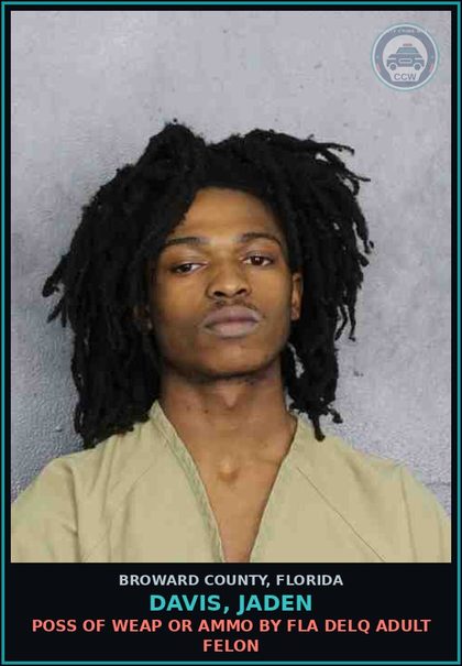 CCW arrest card for DAVIS, JADEN in Broward County: POSS OF WEAP OR AMMO BY FLA DELQ ADULT FELON