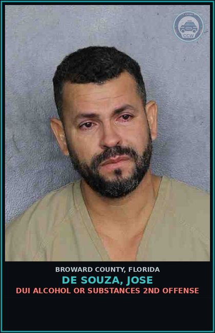 CCW arrest card for DE SOUZA, JOSE in Broward County: DUI ALCOHOL OR DRUGS   2ND OFFENSE