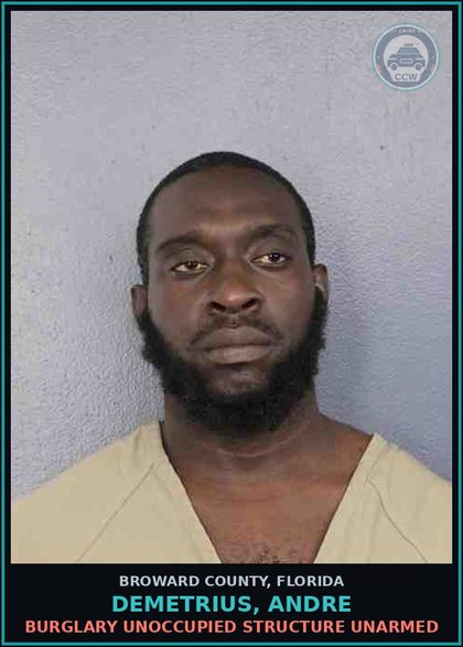CCW arrest card for DEMETRIUS, ANDRE in Broward County: UNAUTHORIZED CONNECTION TO UTILITY EQUIPMENT