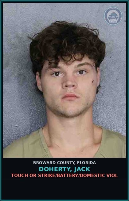 CCW arrest card for DOHERTY, JACK in Broward County: TOUCH OR STRIKE/BATTERY/DOMESTIC VIOL