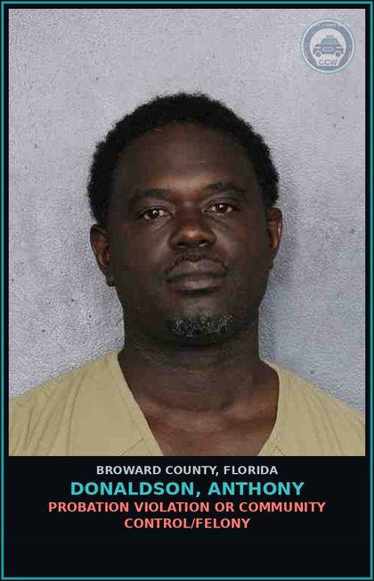 CCW arrest card for DONALDSON, ANTHONY in Broward County: P/W/I/S/M/D Canna W/I 1000' PL WRSHP/CONV BUSN