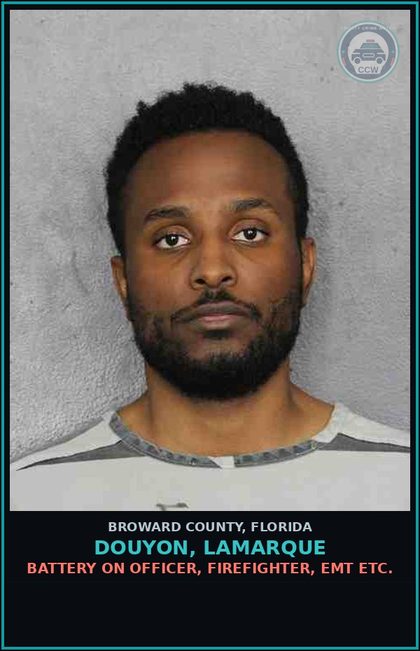 CCW arrest card for DOUYON, LAMARQUE in Broward County: BATTERY ON OFFICER, FIREFIGHTER, EMT ETC.