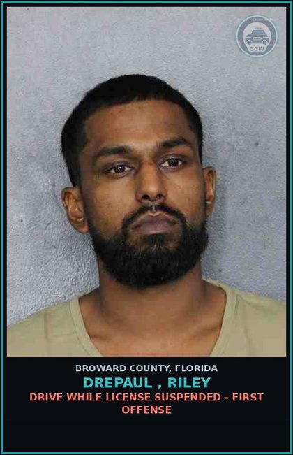 CCW arrest card for DREPAUL , RILEY in Broward County: DRIVE WHILE LICENSE SUSPENDED - FIRST OFFENSE