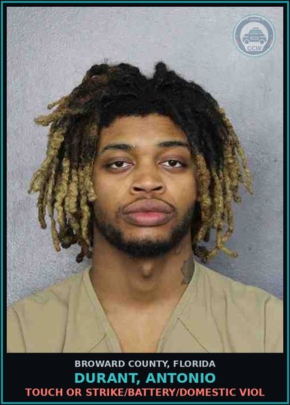 CCW arrest card for DURANT, ANTONIO in Broward County: TOUCH OR STRIKE/BATTERY/DOMESTIC VIOL