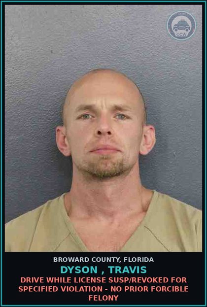 CCW arrest card for DYSON , TRAVIS in Broward County: DRIVE WHILE LICENSE SUSP/REVOKED FOR SPECIFIED VIOLATION - NO PRIOR FORCIBLE FELONY
