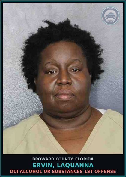 CCW arrest card for ERVIN, LAQUANNA in Broward County: DUI ALCOHOL OR DRUGS  1ST OFFENSE