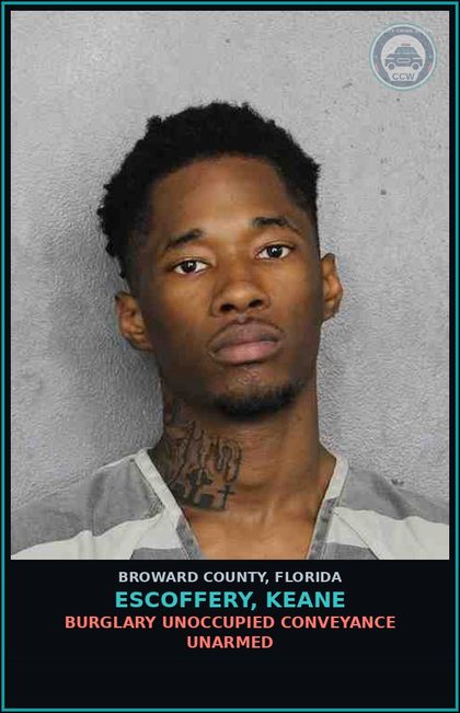 CCW arrest card for ESCOFFERY, KEANE in Broward County: CAPIAS - TRAFFIC