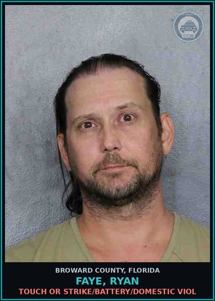 CCW arrest card for FAYE, RYAN in Broward County: TOUCH OR STRIKE/BATTERY/DOMESTIC VIOL